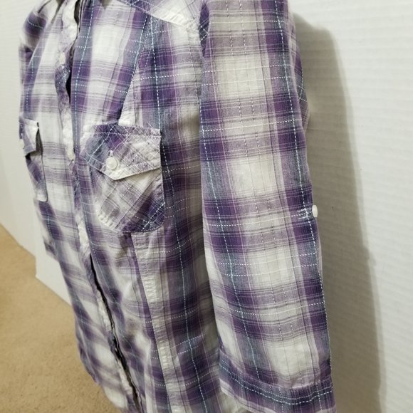 Mudd top Large plaid check button up 3/4 tab sleeve layering 100% cotton - Picture 4 of 14